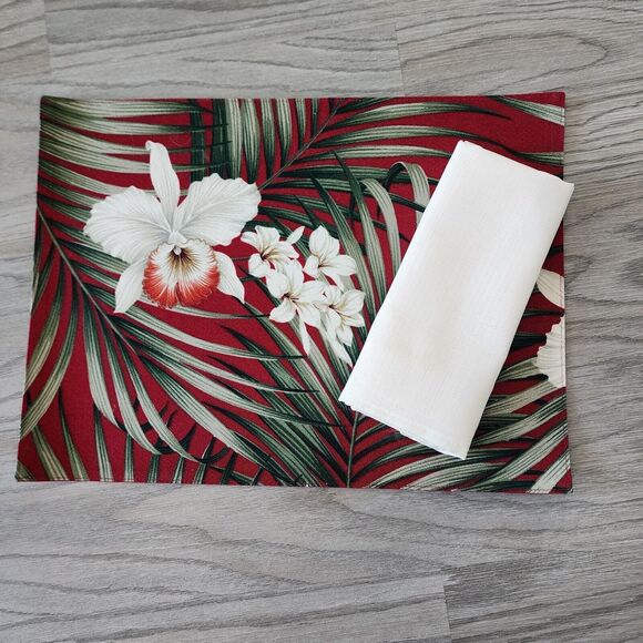 Hawaiian Upholstery Barkcloth Placemats Burgundy Ferns Orchids Plumeria & Napkin - Picture 1 of 8